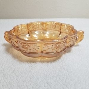 Jeanette Marigold Carnival Glass Aztec Rose Candy Dish